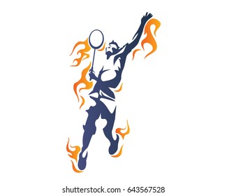 Modern Passionate Badminton Player In Action Logo - Flaming On Fire Smash