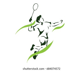 Modern Passionate Badminton Player In Action Logo - Green Flame Game Point Smash