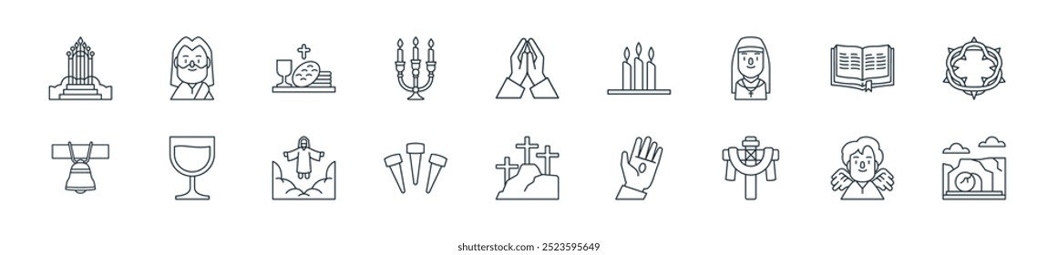 modern passover icon pack. perfect for linear ui designs featuring vector tombstone, angel, cross, hand, gootha, nails, ascension and more icons for mobile and web apps.