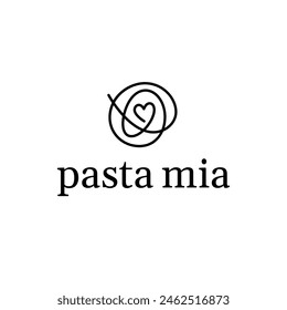 Plantilla moderna del logotipo de la pasta. Vector de fideos y diseño ramen. Ilustración de espagueti plano con signo de corazón. Signo de comida creativa para italiano, asiático, chino, restaurante japonés, café, bar