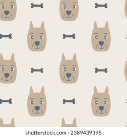 Modern pastel colored seamless pattern with dog and bone. Cute beige endless background for pets. Childish repeat vector illustration with animal head. Hand drawn design.