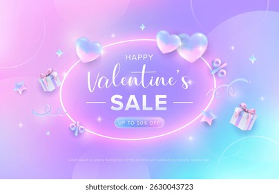 Modern pastel Valentine’s day background with love heart, star, gift and gradient background. Promotion and shopping template for love and valentine’s day concept.