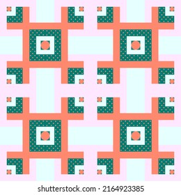 Modern pastel geometry background. Plaid. Vector seamless pattern.  Square, polka dots. Terra cotta orange, emerald green, pink color. Cute summer print. Wallpaper Geometric sample. Сreative Design.