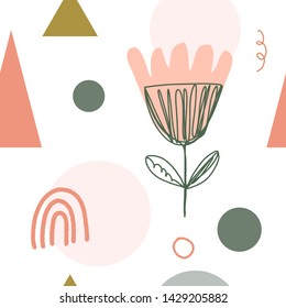 Modern pastel seamless nursery pattern in scandinavian style. Nordic graphic design, unique stylish print for interior, clothes and other decor. Vector EPS and jpg image, clipart, editable isolated