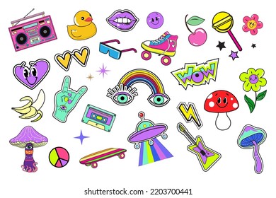 Modern patch badges of retro stickers 90s. Pop art, psychedelic print. Mushrooms, ufo, cassettes. T-shirt design