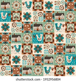 Modern patchwork featuring assorted folksy flowers, cute bird with wild strawberry, house, geometric quilting blocks in trendy comforting calm and ground hues. For interior decor, printed, web items.