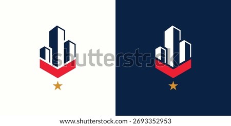 Modern patriotic logo design featuring a city skyline and building shapes with red, blue, and gold colors. Perfect for real estate, construction, architecture, or corporate branding. 