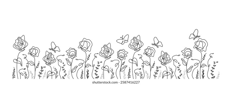 A  modern pattern of abstract rose flowers. an artistic drawing in the one line style. A hand-made floral design. for print, covers, wallpapers, minimalistic, natural art vector graphics.