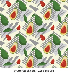 A modern pattern with avocado and geometric elements. Stripes, triangles, squares. Green, brown, gray colors. For textiles, wallpaper, wrapping paper