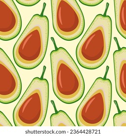 Un patrón moderno con grandes mitades cortadas de aguacate. Colores verdes y marrones. fondo beige claro. Para textiles, papel pintado, papel de embalaje, menú