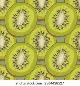 A modern pattern with big Kivi cut halves. Green, brown, gray colors. For textiles, wallpaper, wrapping paper, menu