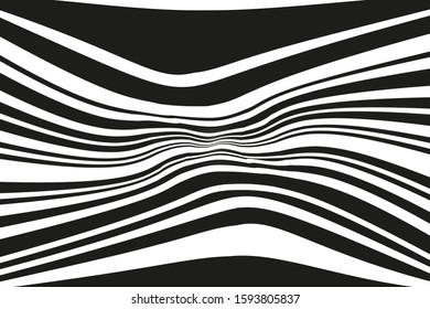 Modern pattern with black and white stripes. Psychedelic pattern. Dynamic style. Vector illustration. Modern design. Magic art. Black background.