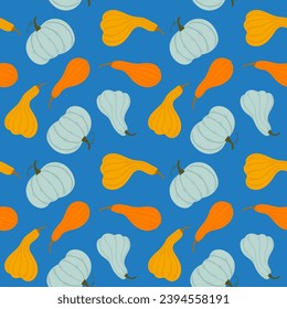 modern pattern with blue background and multi-colored pumpkins. poster for the kitchen with pumpkins.