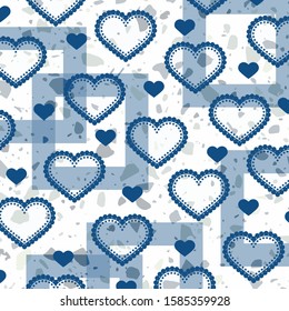Modern pattern. Blue hearts and shapes on a white background. Colorful cover. Design for card, invitation, book, info banner frame, title sheet, presentation, wrapping, printing on fabric.