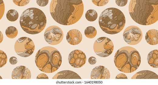 Modern pattern with circles and multicolor abstract lines. pastel colors Dynamic ornament. Used for design print textile, wall wallpaper.Planets with color abstract drawing.