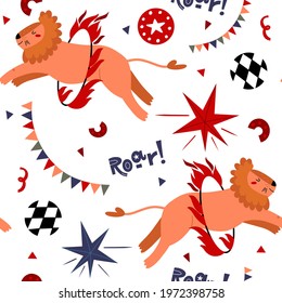 Modern pattern the circus lion jumping through a ring of fire. Carnival wrapping paper. Design for nursery, fabric printing, postcard, poster, packaging. Hand drawn illustration.