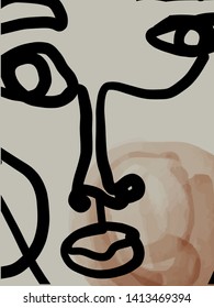 Modern pattern with continuous line, abstract face portrait. Contemporary collage with freehand shapes and textures in pastel aesthetic colors. Vintage fashion vogue concept. 