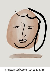 Modern pattern with continuous line, abstract face portrait. Contemporary collage with freehand shapes and textures in pastel aesthetic colors. Vintage fashion vogue concept. 