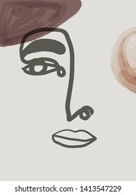 Modern pattern with continuous line, abstract face portrait. Contemporary collage with freehand shapes and textures in pastel aesthetic colors. Vintage fashion vogue concept. 