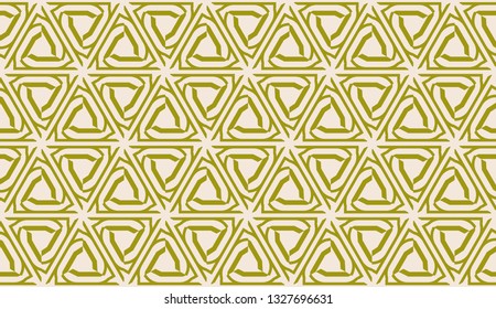 Modern pattern with curved line. Triangles, line, geometric elements. Vector illustration. Design for flyer, wallpaper, presentation, paper. Dirty olive color. Seamless.