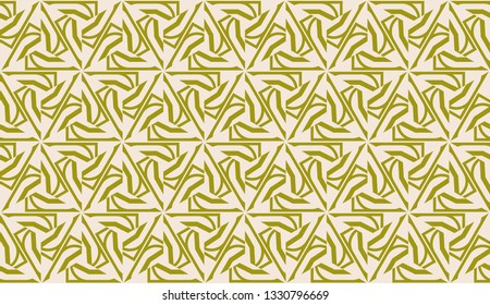 Modern pattern with curved line. Triangles, line, geometric elements. Vector illustration. Design for flyer, wallpaper, presentation, paper. Dirty olive color. Seamless.
