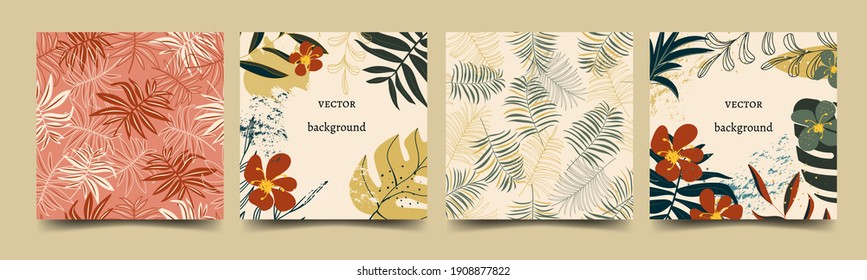 modern pattern with elements of tropical leaves, flowers and a seamless exotic pattern. Vector abstract art for decor, clothing, fills, covers, wallpaper, wrapping paper, social media.  