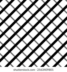  A modern pattern featuring diagonal lines intersecting with thinner gray diagonal lines on a white background, creating a striking checkered grid design ideal for contemporary textiles