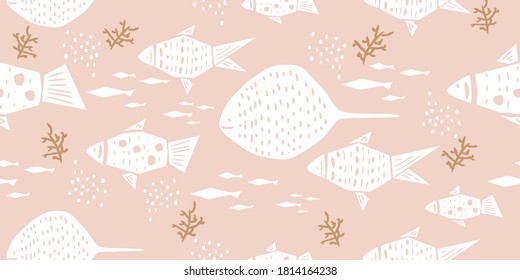Modern pattern with fishes on a pink background for printing, fabric, textile, manufacturing, wallpapers. Hand drawn seamless vector pattern