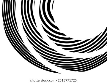 Padrão moderno na forma de anéis listrados abstratos preto sobre branco. Decoração da capa. Interior. Embalagem. Plano de fundo vetorial em preto-e-branco com espaço para texto. Ondas.