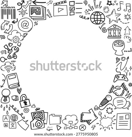 A modern pattern frame of technology and connection icons with central copy space featuring cloud and digital symbols.