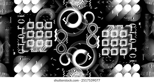 Modern pattern with glitch abstract shapes. Cyber punk seamless pattern background .Futuristic  background . Pattern with various line elements and dotted shapes .Endless pattern texture. Vector