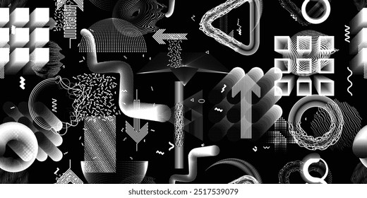 Padrão moderno com formas abstratas de falha. Cyber punk fundo padrão sem emenda .Fundo futurista . Padrão com vários elementos de linha e formas pontilhadas. Textura padrão sem fim. Vetor