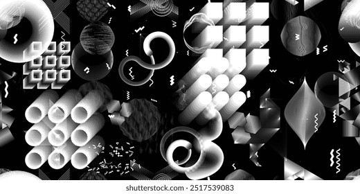 Modern pattern with glitch abstract shapes. Cyber punk seamless pattern background .Futuristic  background . Pattern with various line elements and dotted shapes .Endless pattern texture. Vector