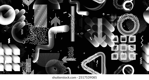 Patrón moderno con Formas abstractas. Fondo de patrón inconsútil punk cibernético. Fondo futurista. Patrón con varios Elementos de línea y Formas punteadas. Textura de patrón sin fin. Vector