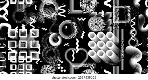 Patrón moderno con Formas abstractas. Fondo de patrón inconsútil punk cibernético. Fondo futurista. Patrón con varios Elementos de línea y Formas punteadas. Textura de patrón sin fin. Vector