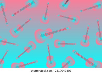 Modern pattern with guitars. Randomly scattered colorful guitars on a pastel blue and pink background