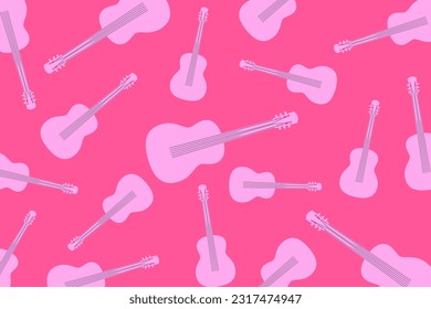 Modern pattern with guitars. Randomly scattered pink guitars on a pink background