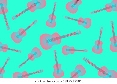 Modern pattern with guitars. Randomly scattered pink guitars on a pastel blue background
