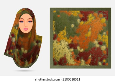 Modern pattern hijab design with illustration model, Scarf fabric texture