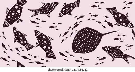 Modern pattern with ink black fishes on a white background for printing, fabric, textile, manufacturing, wallpapers. Hand drawn seamless vector pattern