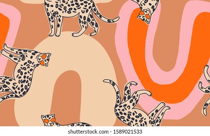 Modern pattern with leopards. Creative collage contemporary seamless pattern. Fashionable template for design.