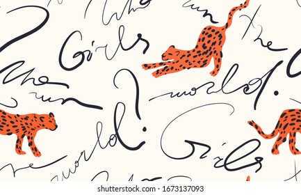 Modern pattern with leopards and quote. Fashionable template for design. Sign "WHO RUN THE WORLD? GIRLS".