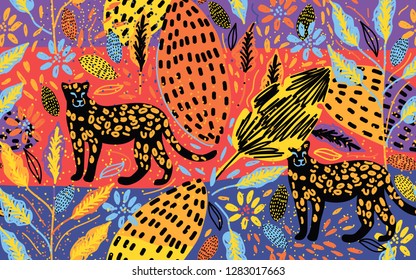 Modern pattern with leopards and tropical flowers and leaves.  Fashionable template for design. Vector illustration. 