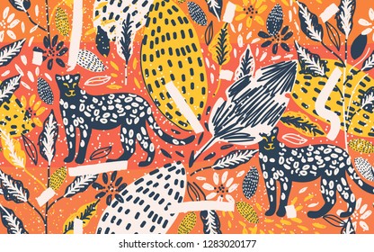 Modern pattern with leopards and tropical flowers and leaves.  Fashionable template for design. Vector illustration. 