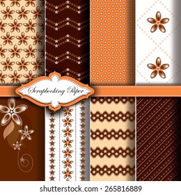 Modern Pattern Paper for Scrapbook. Set of Orange Floral Designs.