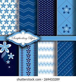 Modern Pattern Paper for Scrapbook. Set of Blue Floral Designs.