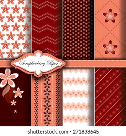Modern Pattern Paper for Scrapbook. Set of Red Floral Designs.