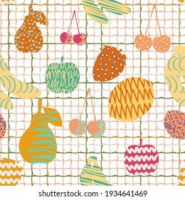 Modern pattern with patterned fruits with simple shapes on checkered background and strokes. pattern for textiles and decoration