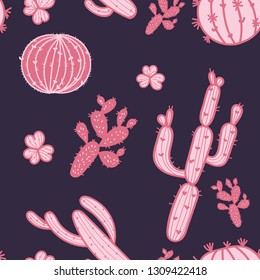 Modern Pattern Picture, Cartoon Creative Collage with cactus, flower in white and pink color. Vector illustration.