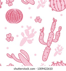 Modern Pattern Picture, Cartoon Creative Collage with cactus, flower in white and pink color. Vector illustration.